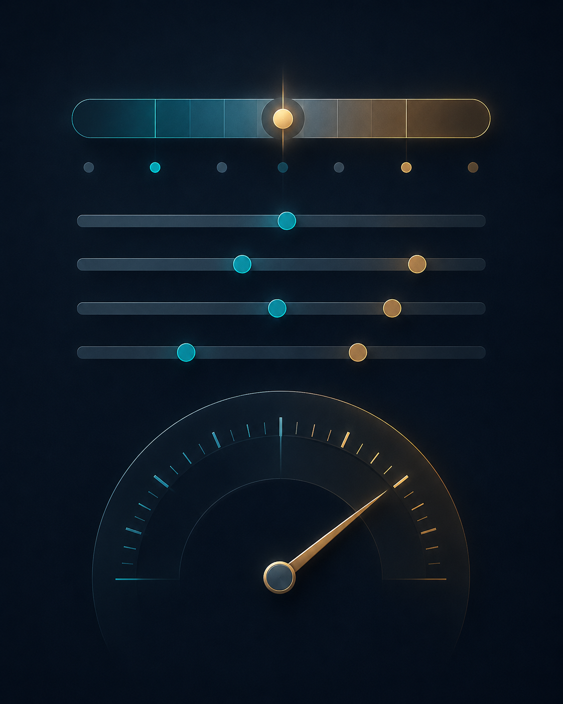 Futuristic UI with sliders and gauge meter showing blue and gold risk calibration levels.