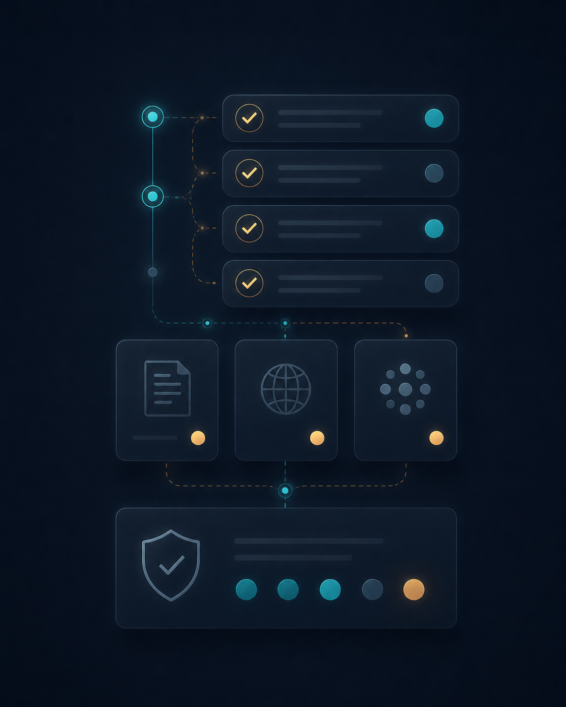 Flowchart with checkmarked lists, document, globe, network icons, and shield symbol at the bottom.
