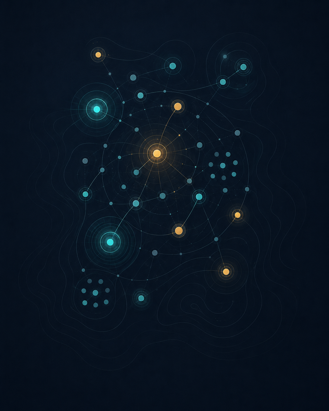 Abstract network map with interconnected blue and orange nodes linked by lines on a dark background.