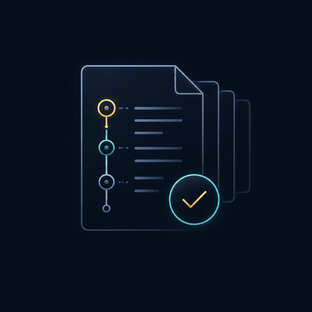 Stack of documents with a highlighted vertical timeline and a circled checkmark symbol in front.