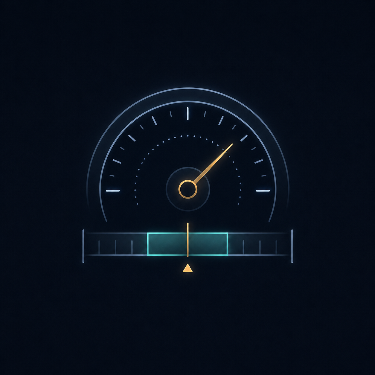 Futuristic glowing gauge showing a yellow needle pointing to the upper right on a dark background.