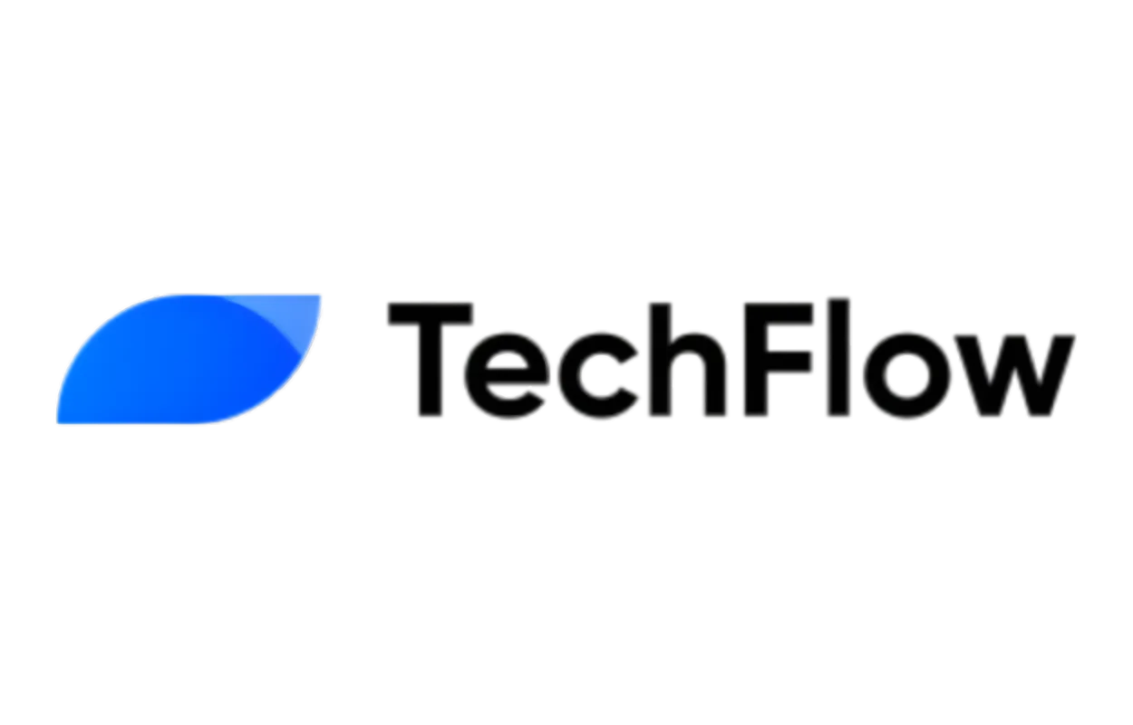 TechFlow logo with a blue leaf-shaped icon to the left of the text.