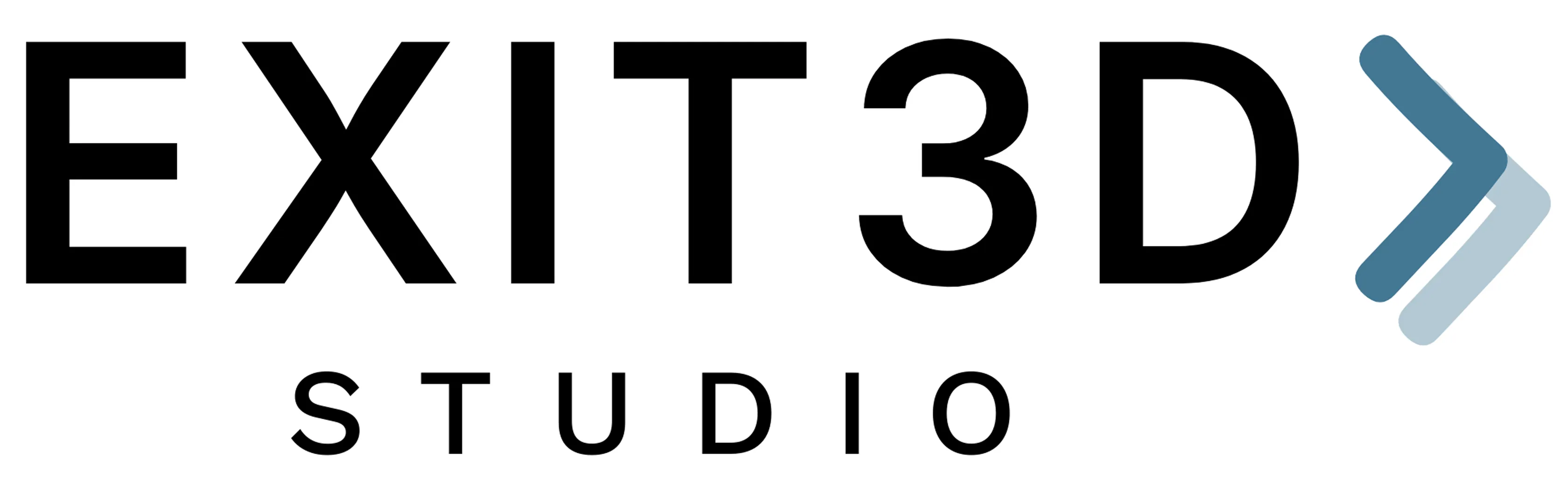 EXIT 3D STUDIO logo with a stylized right arrow in two blue shades to the right of the text.