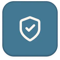 White shield with checkmark icon on blue rounded square background representing security or protection.
