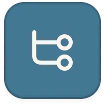 White system or network icon with two connected nodes on a blue rounded square background.