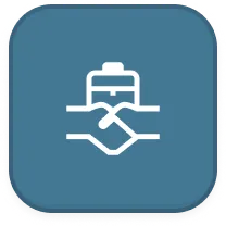 White icon of a train above two crossed tools on a blue rounded square background.