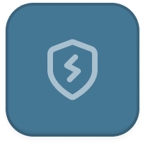 Blue rounded square icon with a shield symbol featuring a stylized lightning bolt inside.