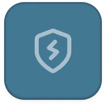 Blue rounded square icon with a shield symbol featuring a stylized lightning bolt inside.