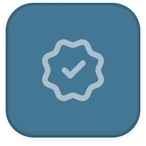 Checkmark inside a wavy-edged badge icon on a rounded blue square background.