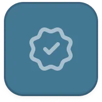 Checkmark inside a wavy-edged badge icon on a rounded blue square background.
