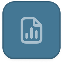 Icon of a document with a bar chart on a blue rounded square background.