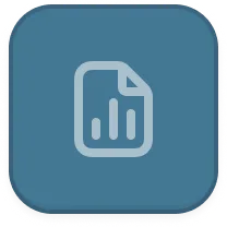Icon of a document with a bar chart on a blue rounded square background.