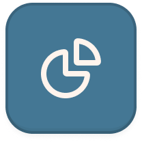 White pie chart icon on rounded blue square background.