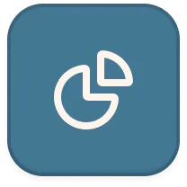 White pie chart icon on rounded blue square background.