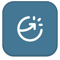 White circular arrow with three radiating lines inside a rounded blue square.