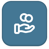 White icon of an open hand holding two interlinked rings on a blue rounded square background.