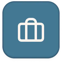 White suitcase icon on a rounded blue square background.