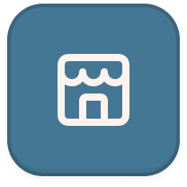 White storefront icon with awning on a blue rounded square background.