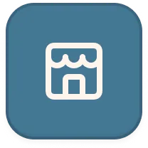 White storefront icon with awning on a blue rounded square background.