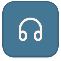 White headphone icon on a blue rounded square background.
