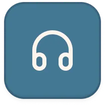 White headphone icon on a blue rounded square background.
