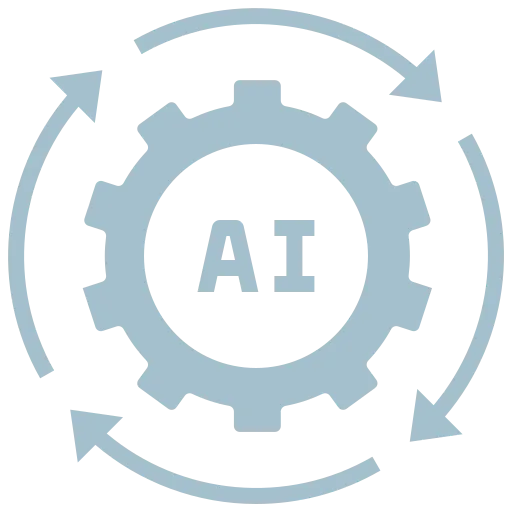 Gear with AI text surrounded by circular arrows indicating AI automation or process cycle.