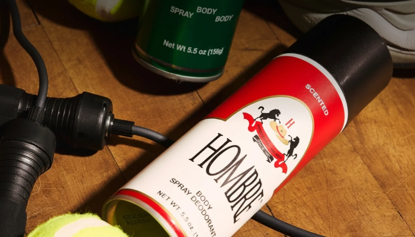 HOMBRE men's scented body spray deodorant can on wooden table with grooming products