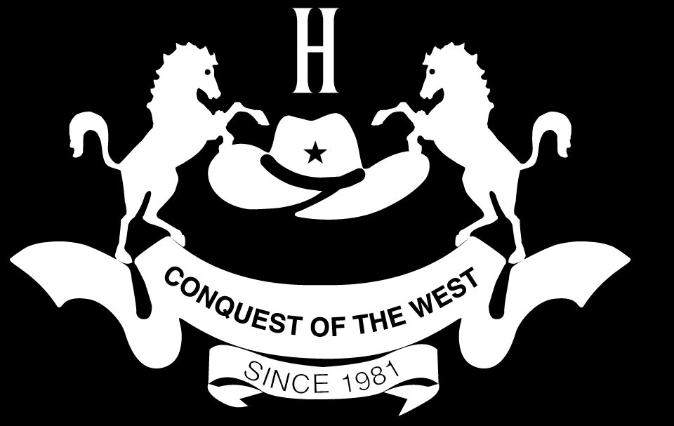 Logo Conquest of the West en blanco y negro con dos caballos, sombrero vaquero y la leyenda Since 1981