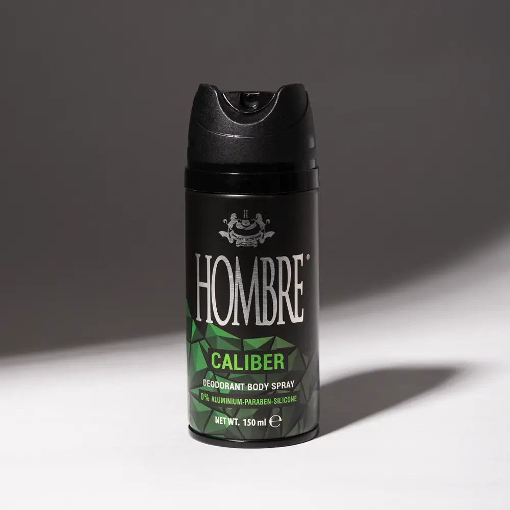 HOMBRE® Caliber aluminum-free deodorant body spray for men 150ml — studio shot on gray background