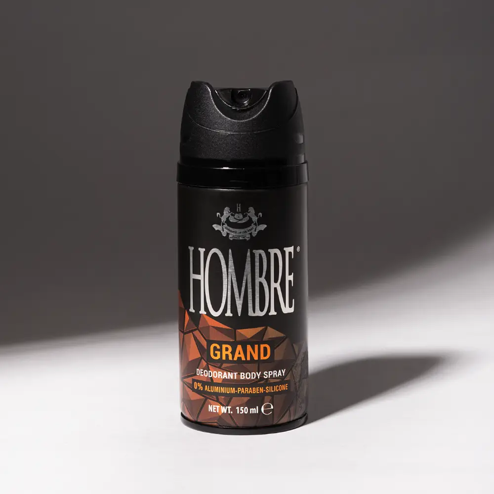 HOMBRE® Grand aluminum-free deodorant body spray for men 150ml — studio shot on gray background
