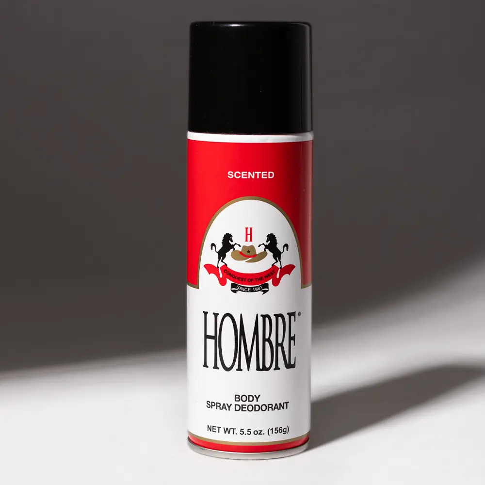 HOMBRE® Red classic deodorant body spray 5.5oz — original formula since 1974, studio shot
