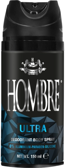 HOMBRE Caliber deodorant body spray can on green background