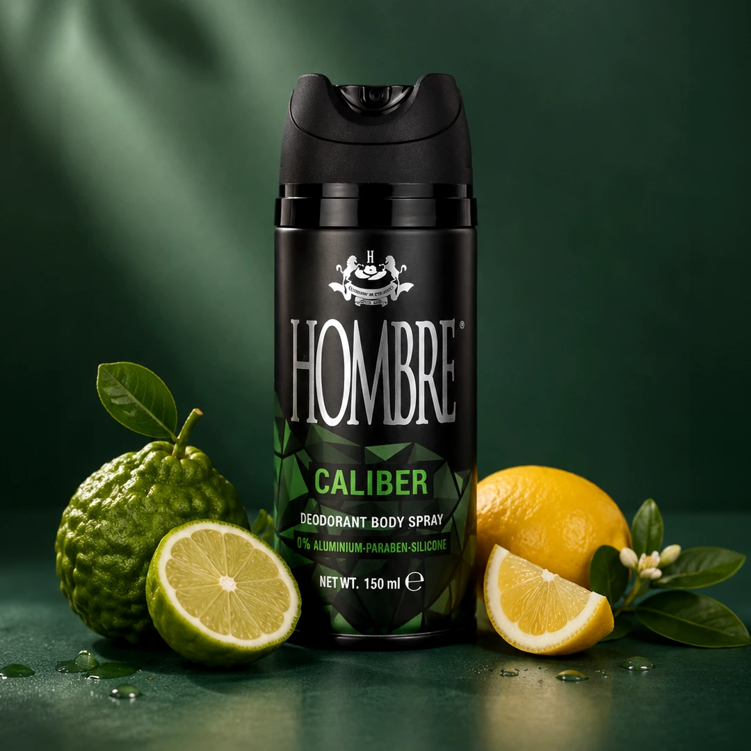 HOMBRE® Caliber deodorant spray with bergamot, lime and citrus fragrance notes — ingredient flat lay