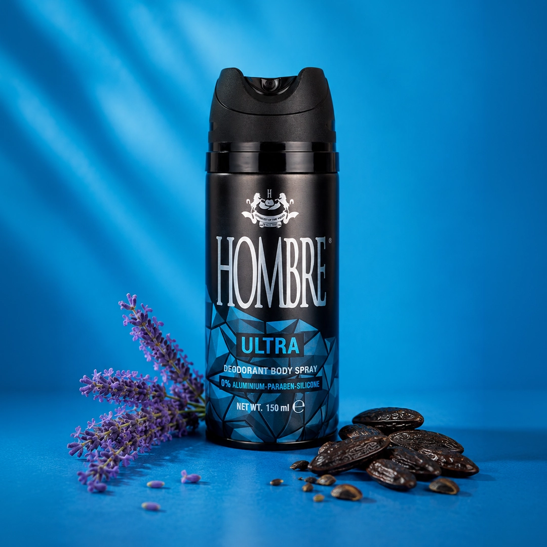 HOMBRE® Ultra deodorant spray with lavender and dark aquatic fragrance notes — ingredient flat lay