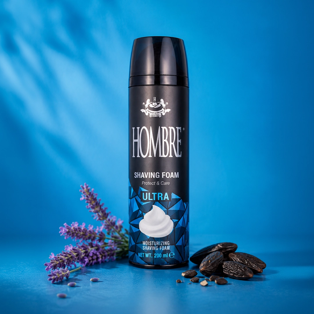 HOMBRE® Ultra shaving foam with lavender and activated charcoal fragrance notes — ingredient flat lay