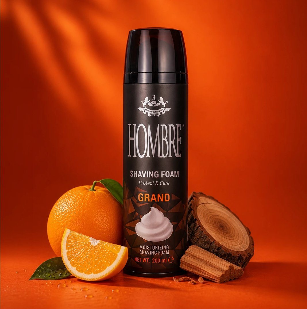 HOMBRE® Grand shaving foam with orange, coconut and warm spice fragrance notes — ingredient flat lay