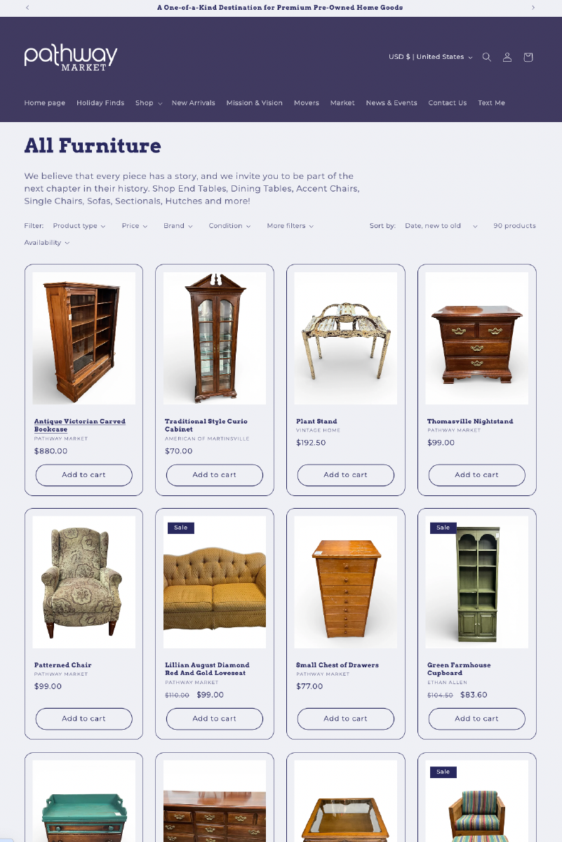 Online store page showing a variety of premium pre-owned wooden furniture including bookcases, cabinets, chairs, sofas, drawers, and cupboards with prices and add to cart buttons.