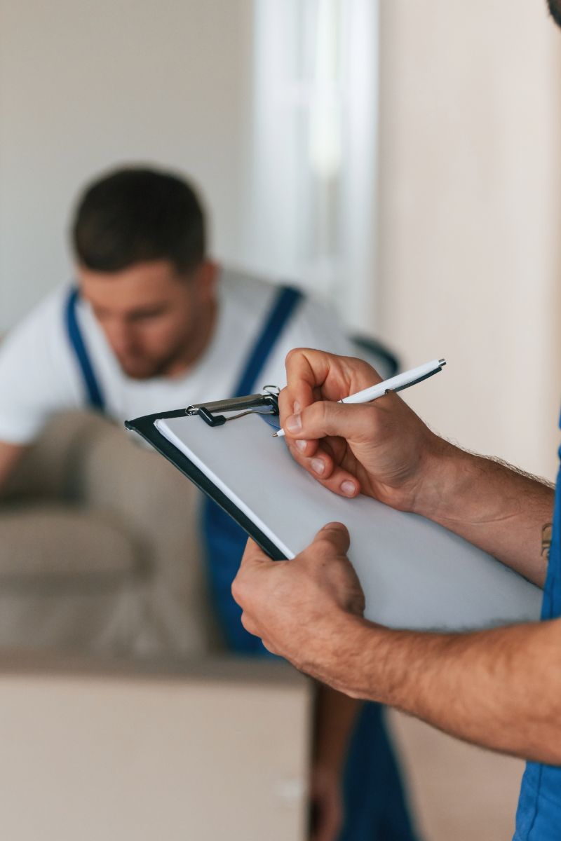 Worker holding a clipboard and pen, taking notes while another worker is in the background.