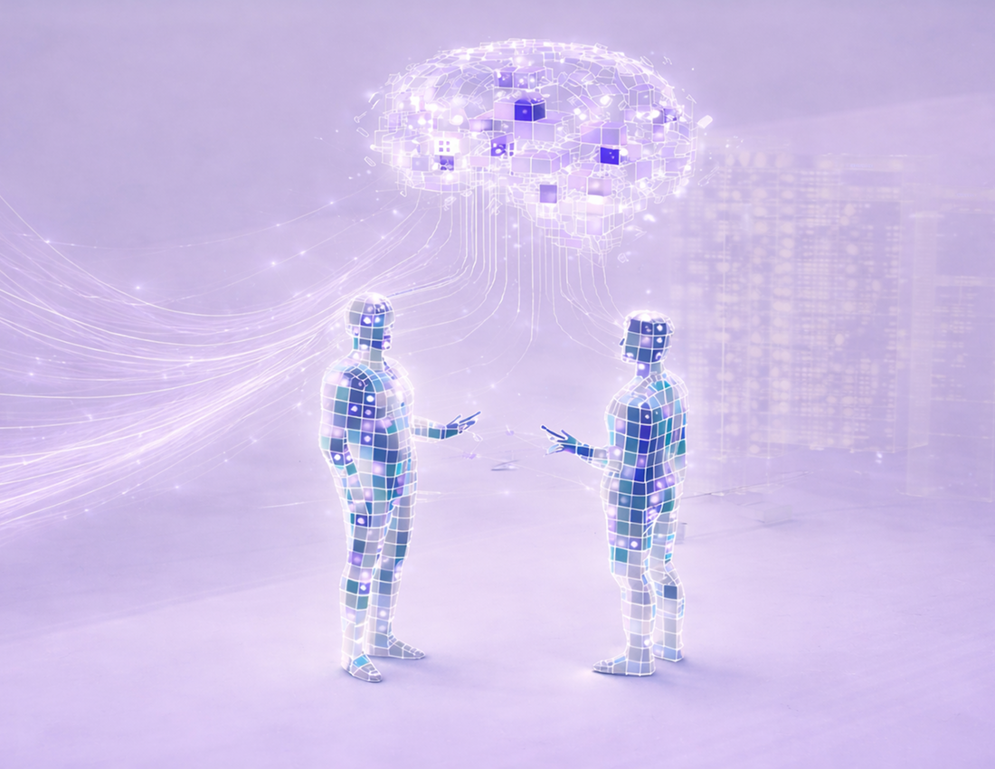 Zwei Personen in Violett steht für individuelle KI Beratung und Führung