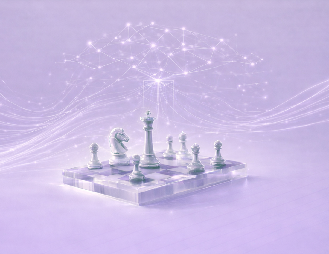 Gruppierung von 3D Schachfiguren in Violett visualisiert ganzheitliche KI Strategieentwicklung