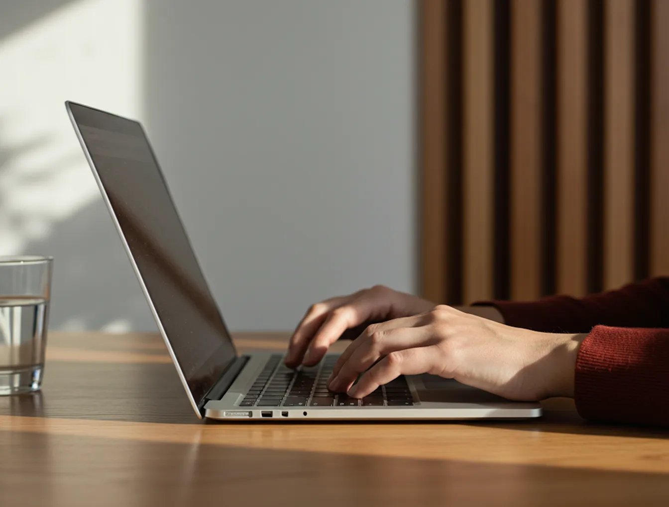 Close-up of hands typing on a laptop at a wooden desk.