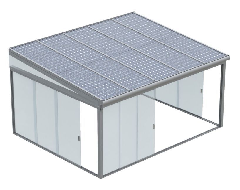 Solární pergola s posuvným bočním zasklením. Doplněk zvyšující komfort terasy. Součást aktuální nabídky pergol.