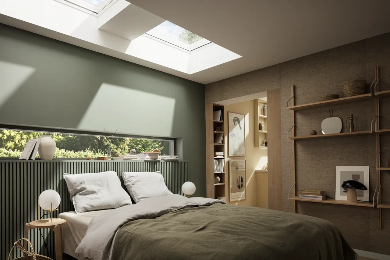Střešní světlík VELUX nad podkrovní ložnicí. Instalace prováděná proškoleným technikem.