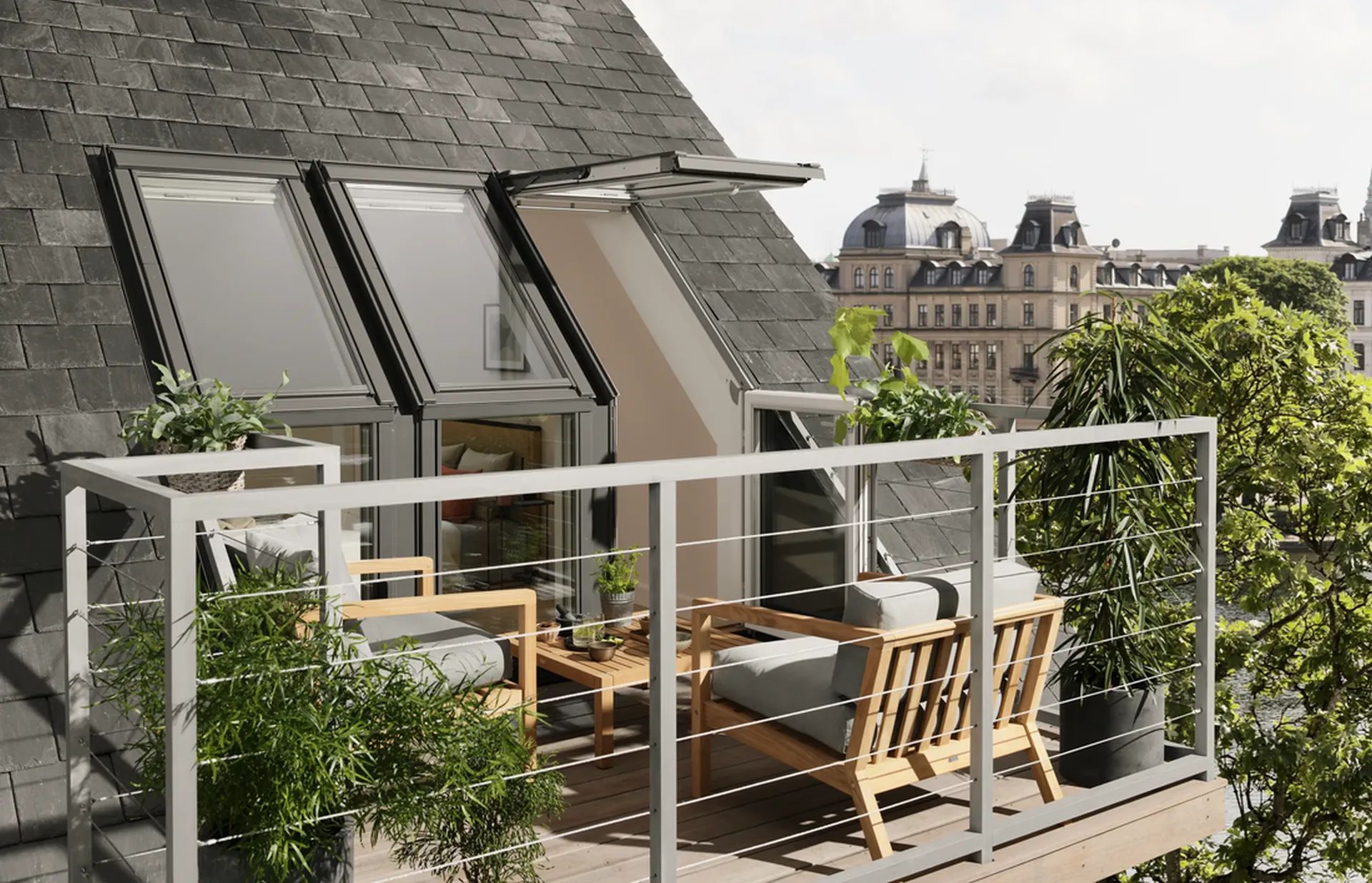 Zavřený střešní balkon VELUX GEL, pohled z exteriéru. Instalace prováděná proškoleným technikem.