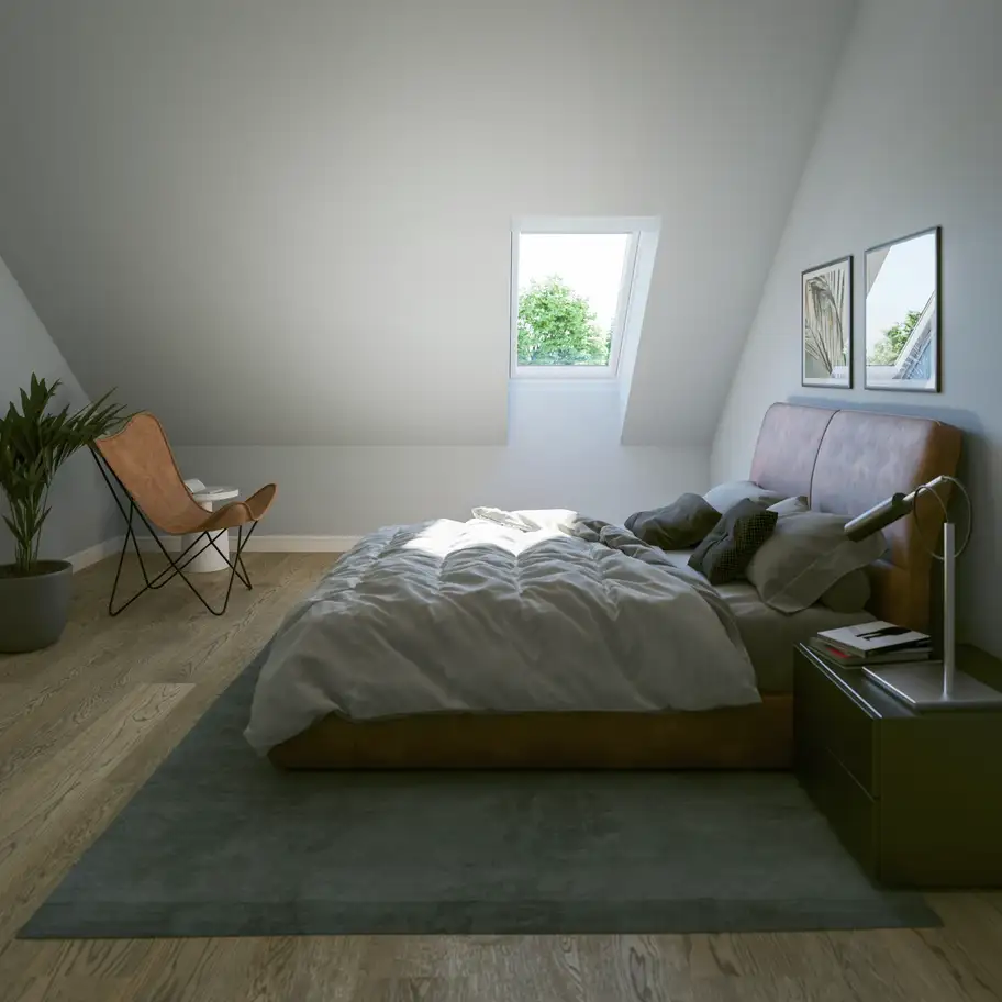 Jedno střešní okno VELUX osazené v šikmé střeše. Součást podkrovní rekonstrukce.