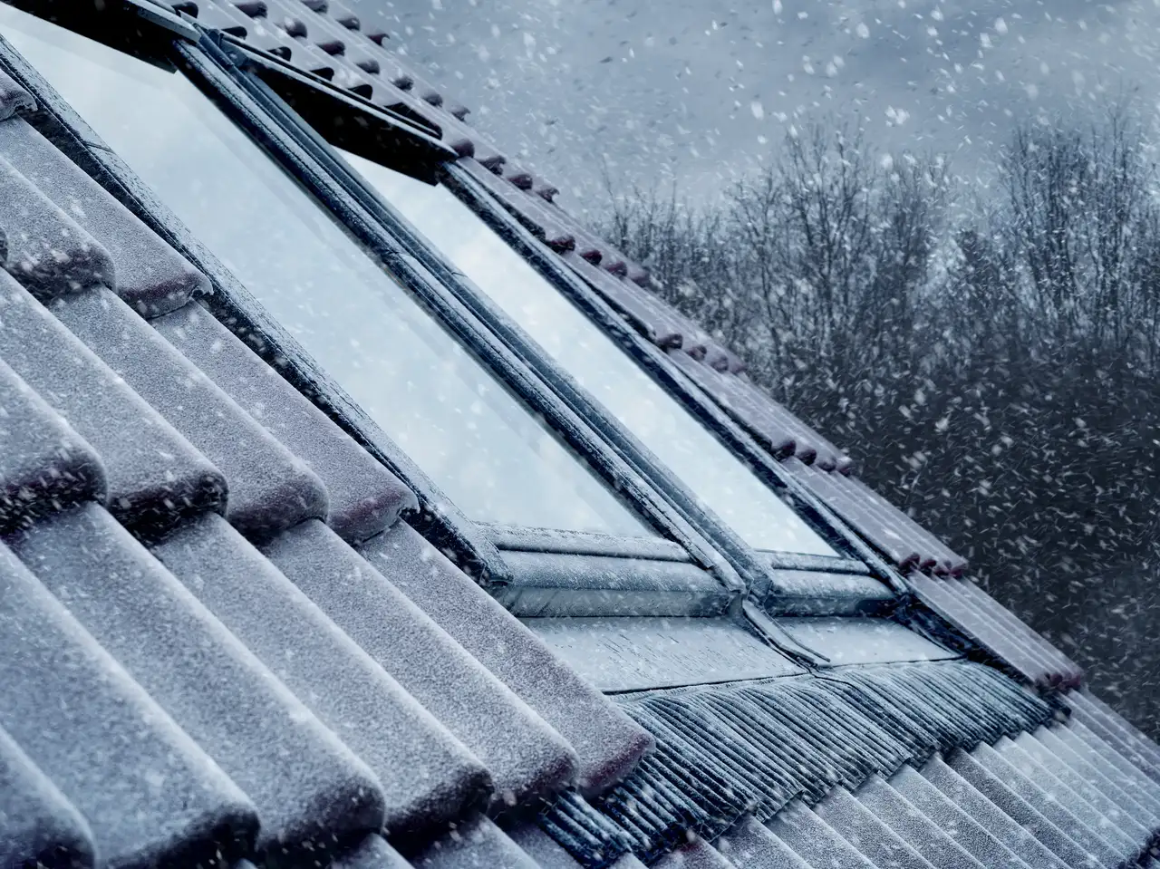 Zasněžená střešní okna VELUX v zimě s tepelnou izolací. Instalace prováděná proškoleným technikem.