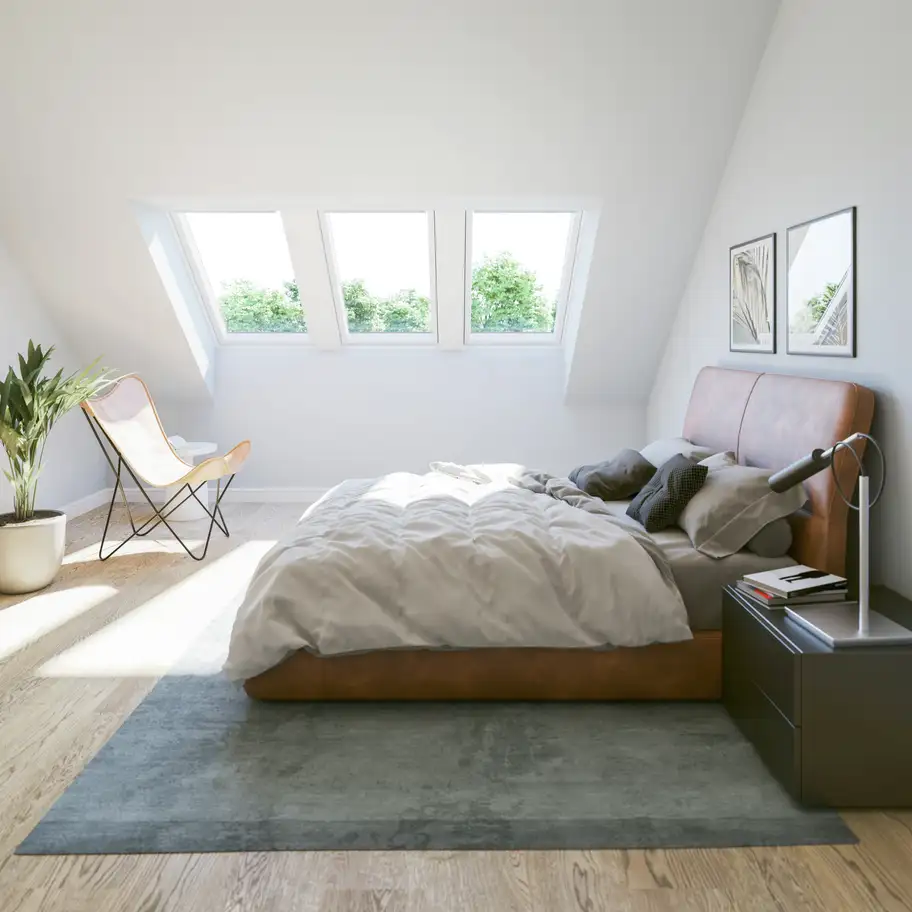 Sestava tří střešních oken VELUX vedle sebe. Řešení pro prosvětlení podkroví. Instalace prováděná proškoleným technikem.