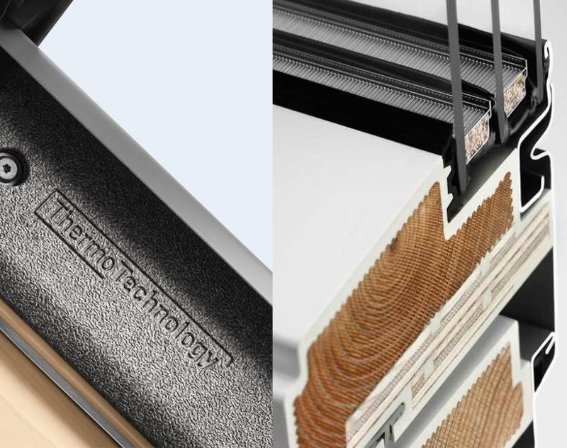 Řez konstrukcí střešního okna s technologií Thermo Technology. Ukázka z aktuální nabídky produktů.