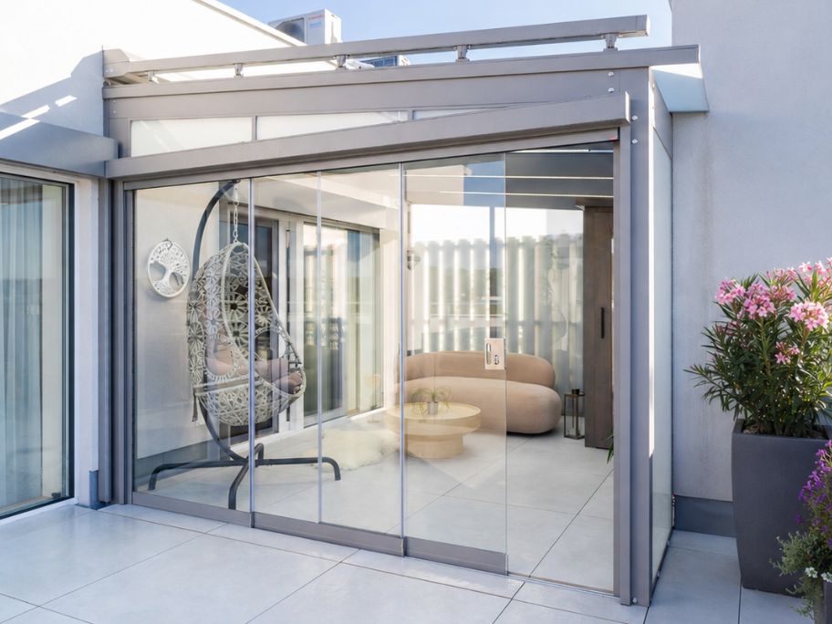 Pergola s bezrámovým posuvným zasklením. Model z nabídky firmy Šenk PSO. Realizace na zahradě rodinného domu.
