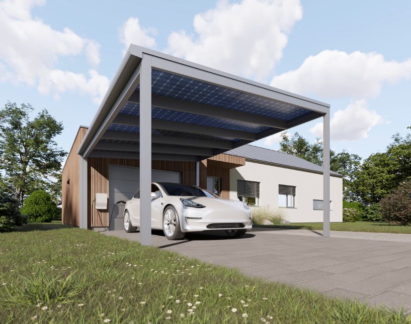 Solární parkovací přístřešek s fotovoltaickými panely. Ukázka z aktuální nabídky produktů.
